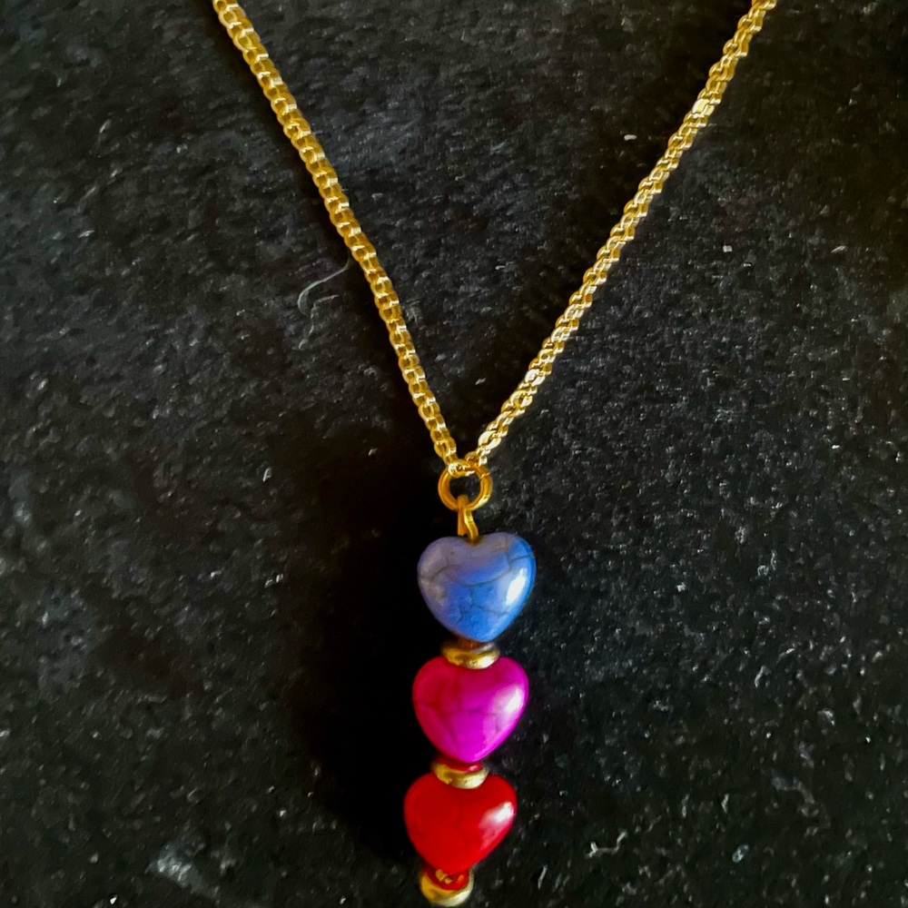Gold Chain Necklace with Blue, Pink and Red Heart real stone Beads